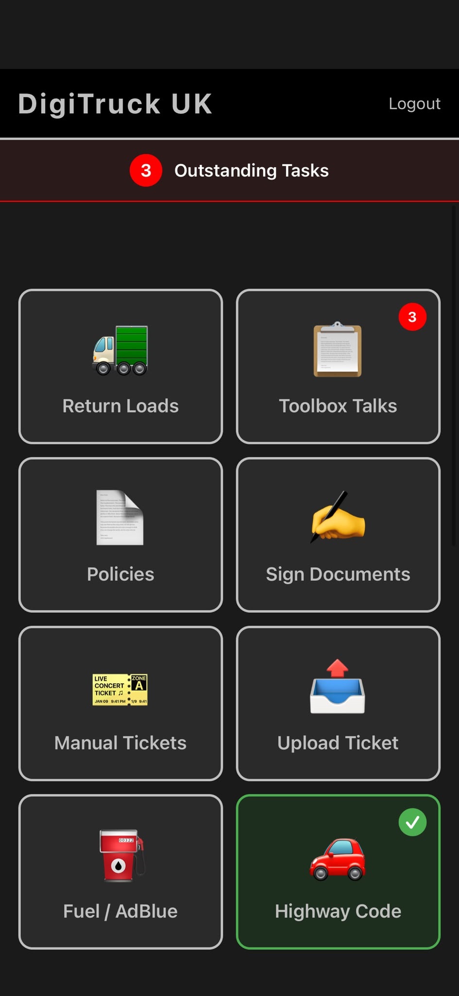 DigiTruck UK app task menu